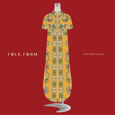 Illustration of a mustard yellow printed short-sleeve ao dai with a standing collar and curved hem on a dress form
