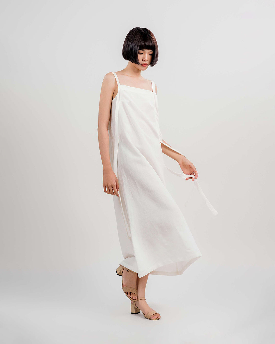 Linen Strap Dress 1930s / White, L