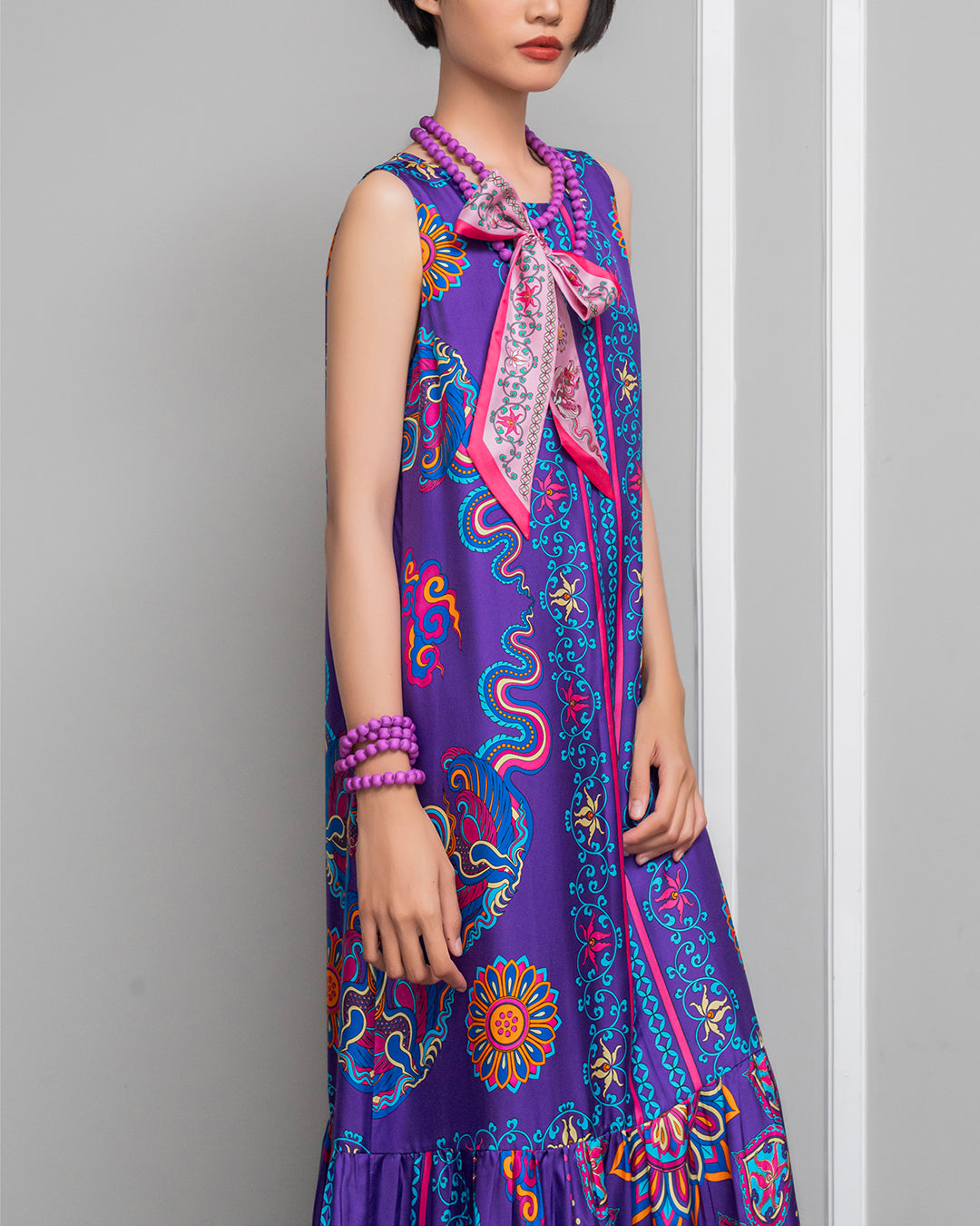 Silk Max Boho 1970 Sleeveless Dress / Purple Phoenix Dance