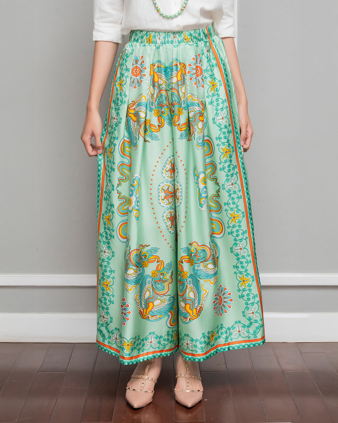 Silk Palazzo Pants 1932 / Pastel Green Phoenix Dance