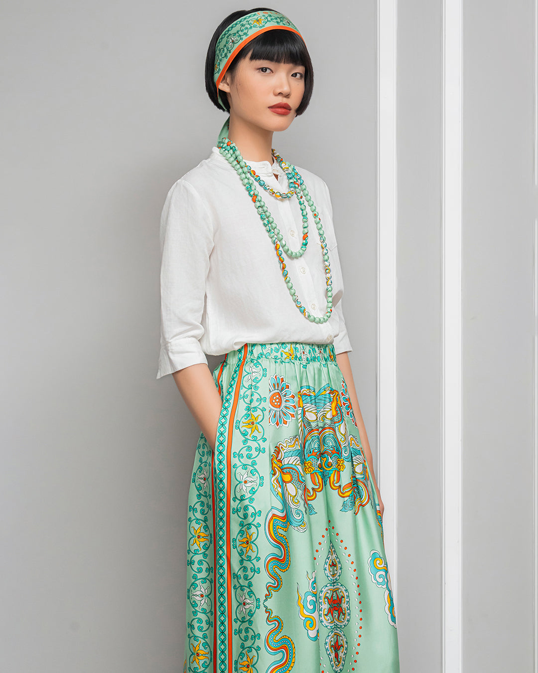 Silk Palazzo Pants 1932 / Pastel Green Phoenix Dance