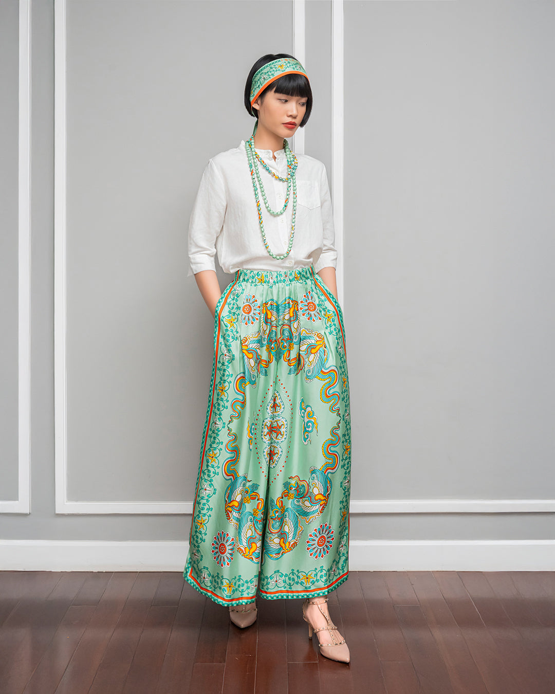 Silk Palazzo Pants 1932 / Pastel Green Phoenix Dance