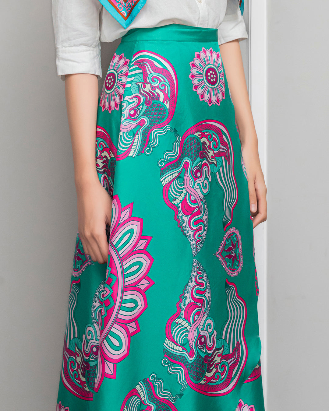 Silk Midi Wrap Skirt 3900BC / Turquoise Dragon Of Grace