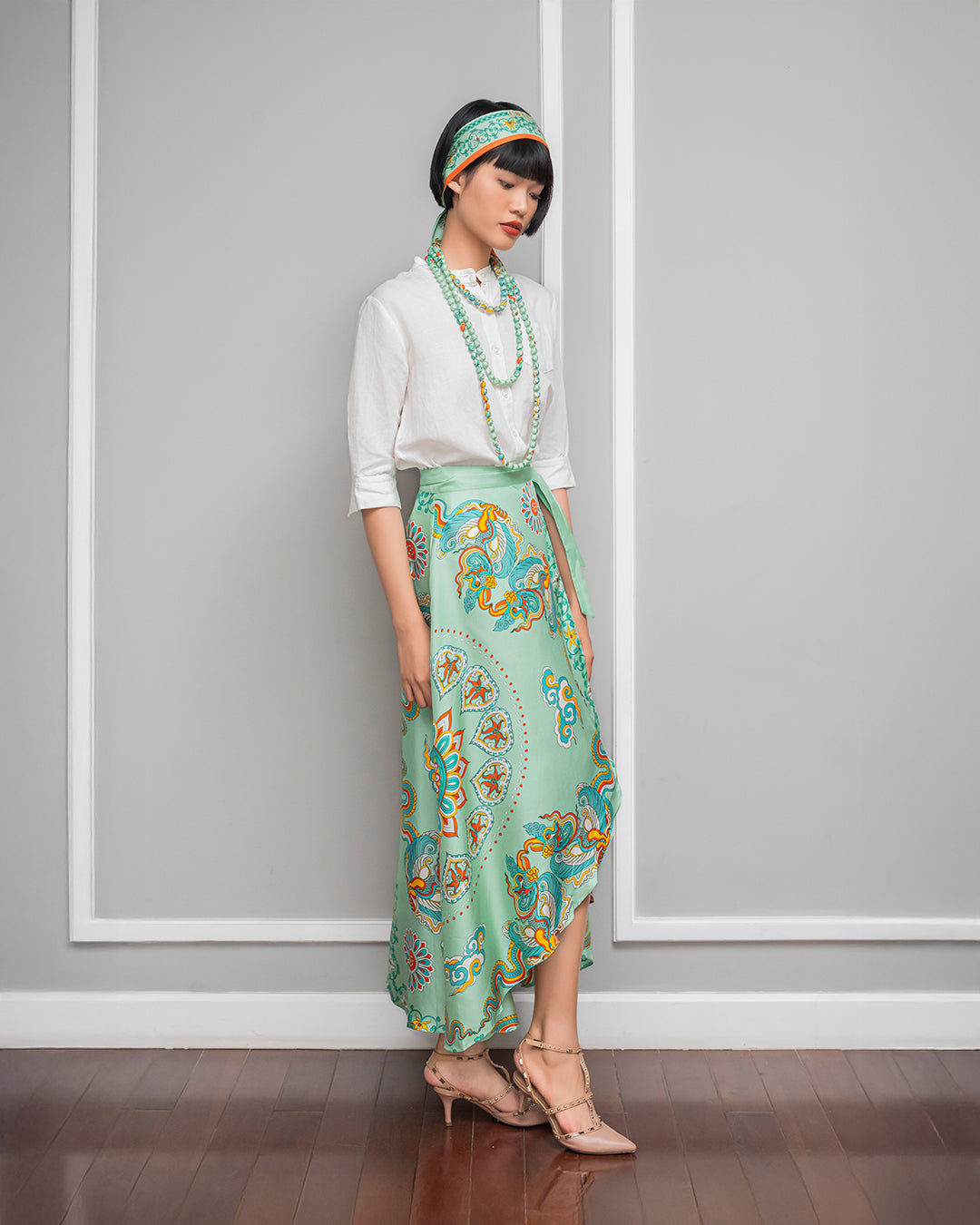 Silk Midi Wrap Skirt 3900BC / Pastel Green Phoenix Dance