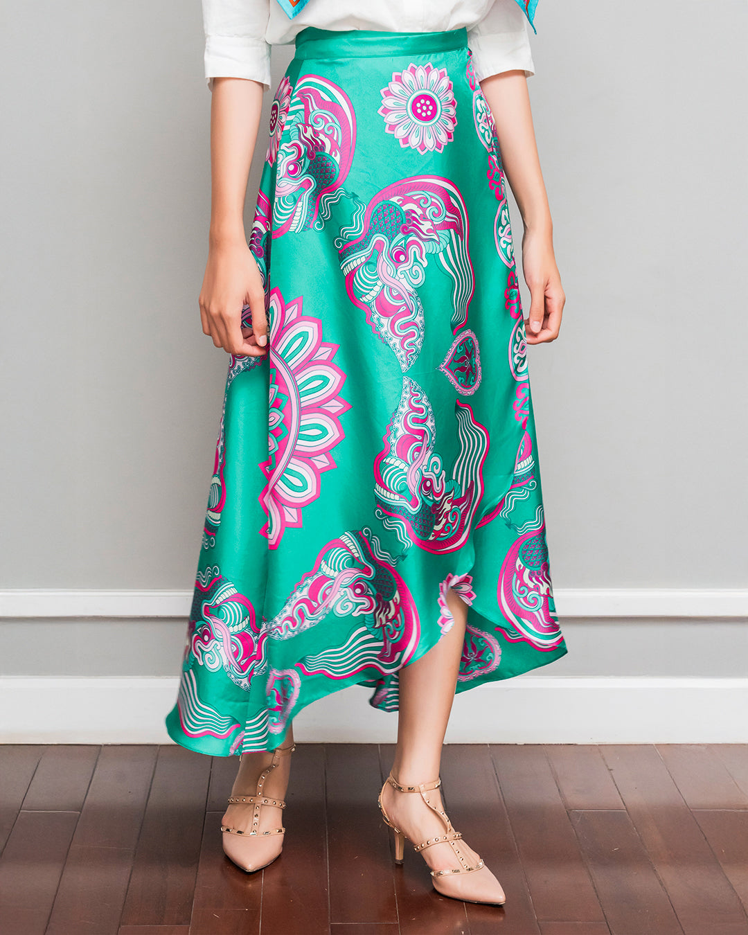 Silk Midi Wrap Skirt 3900BC / Turquoise Dragon Of Grace
