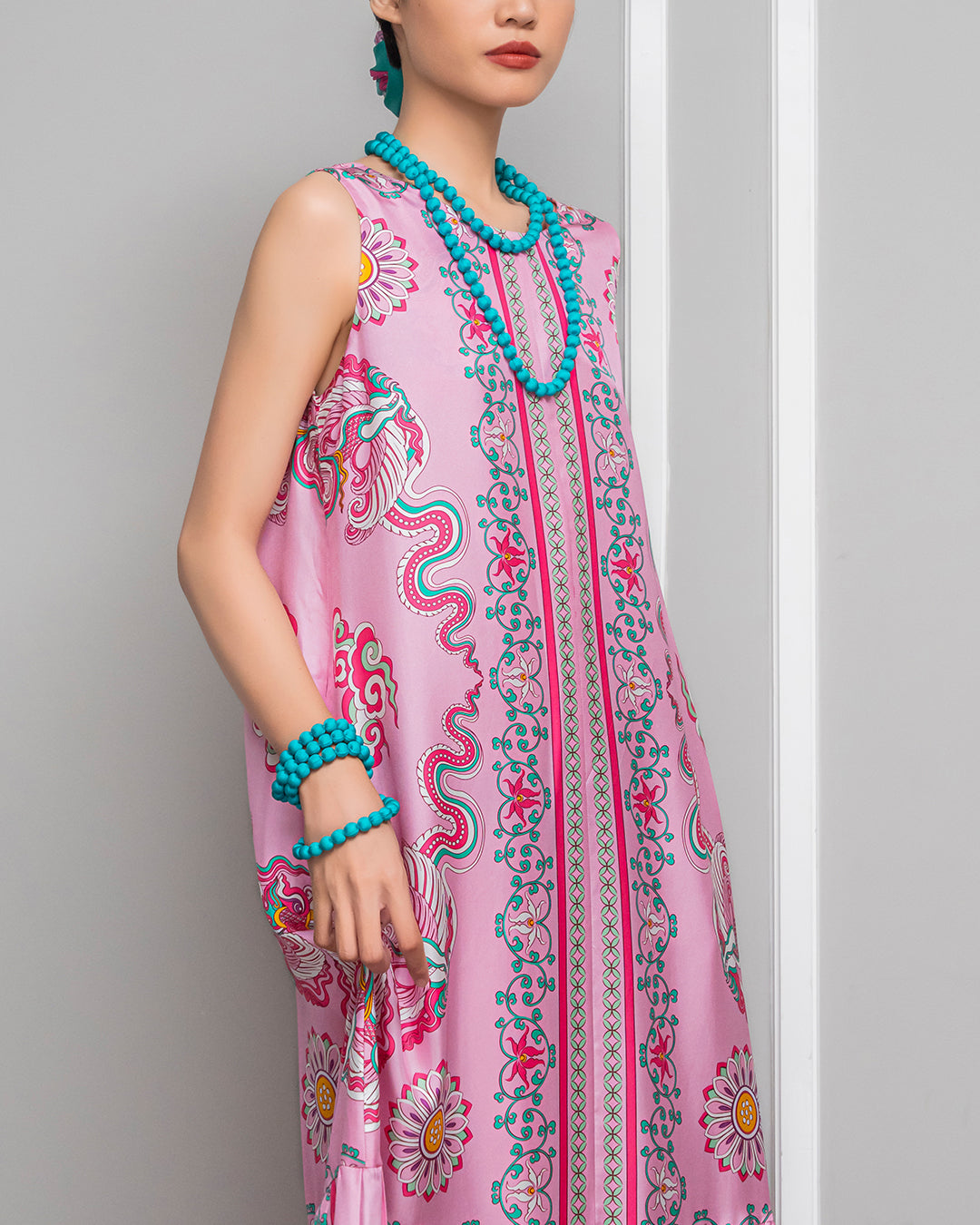 Silk Max Boho 1970 Sleeveless Dress / Pink Phoenix Dance