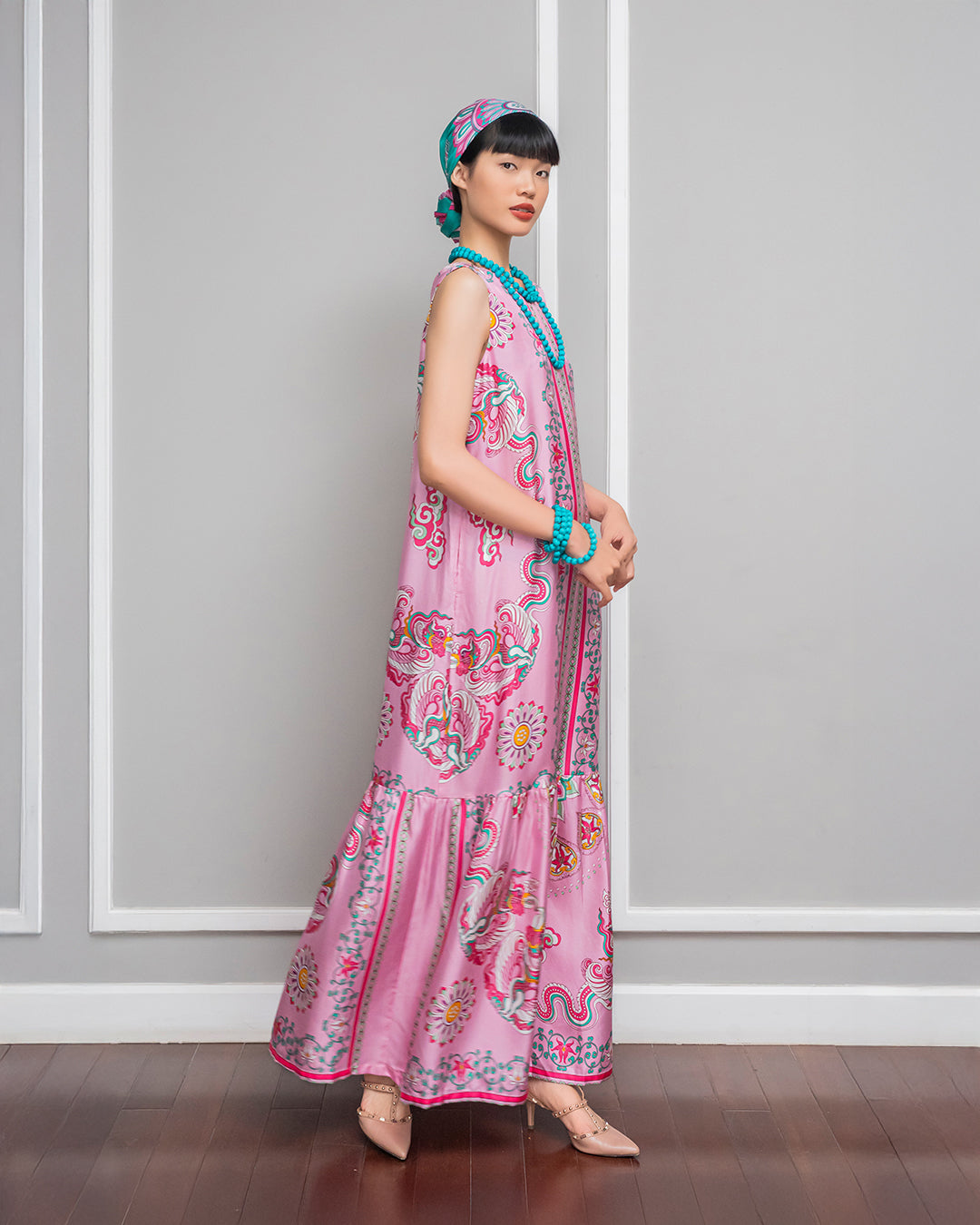 Silk Max Boho 1970 Sleeveless Dress / Pink Phoenix Dance
