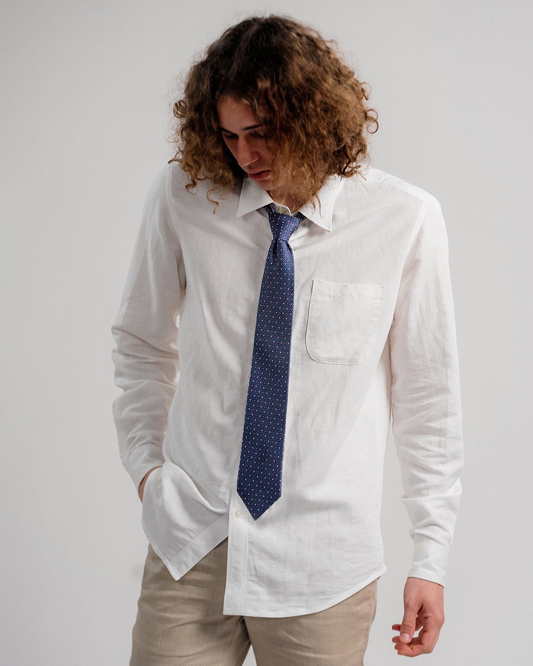 Color Dot Grid Silk Necktie / Dark Blue & Pink / Band 8cm / 3.2in