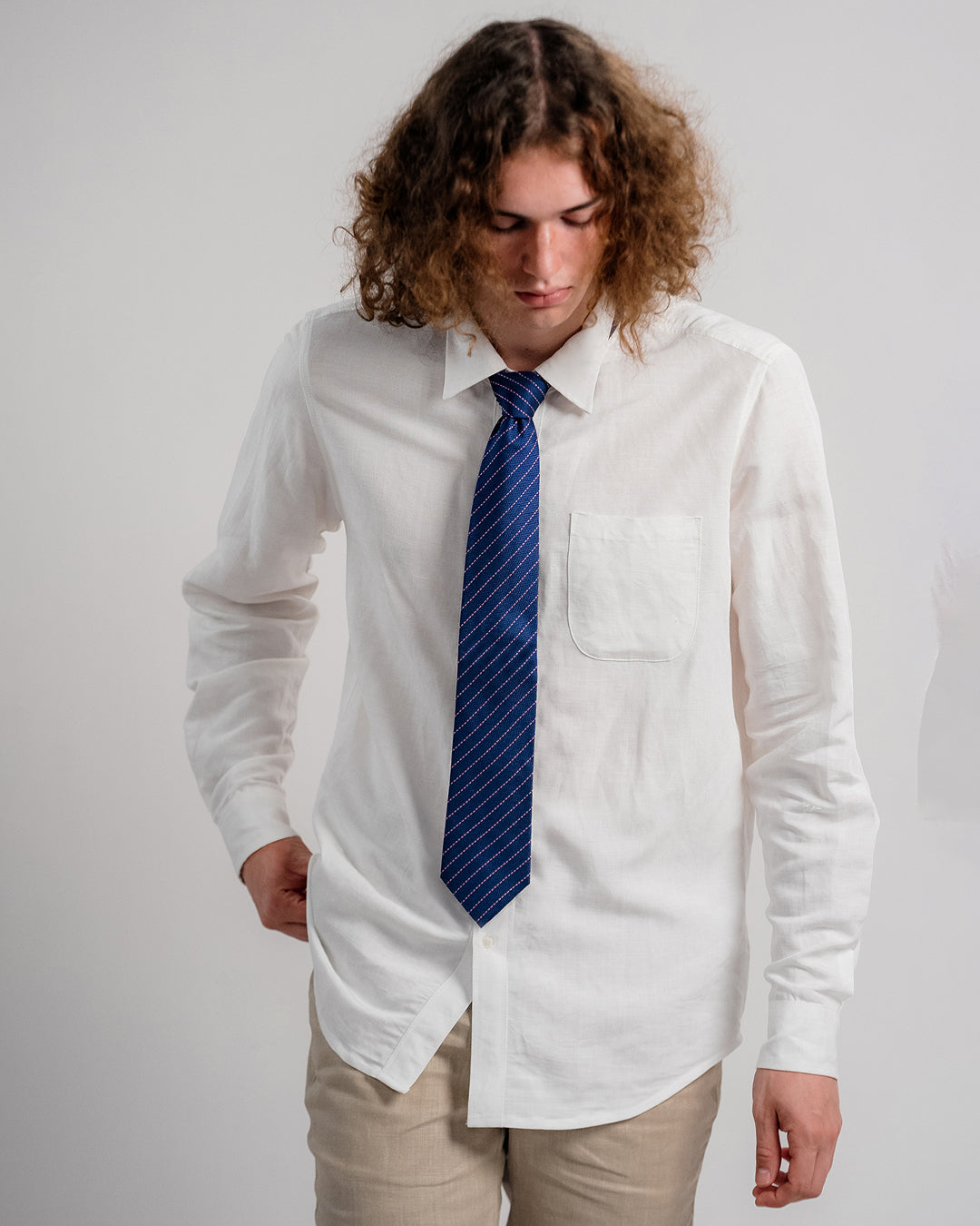 Diagonal Stripes Silk Necktie / Navy Blue & Pink / Band 8cm / 3.2in