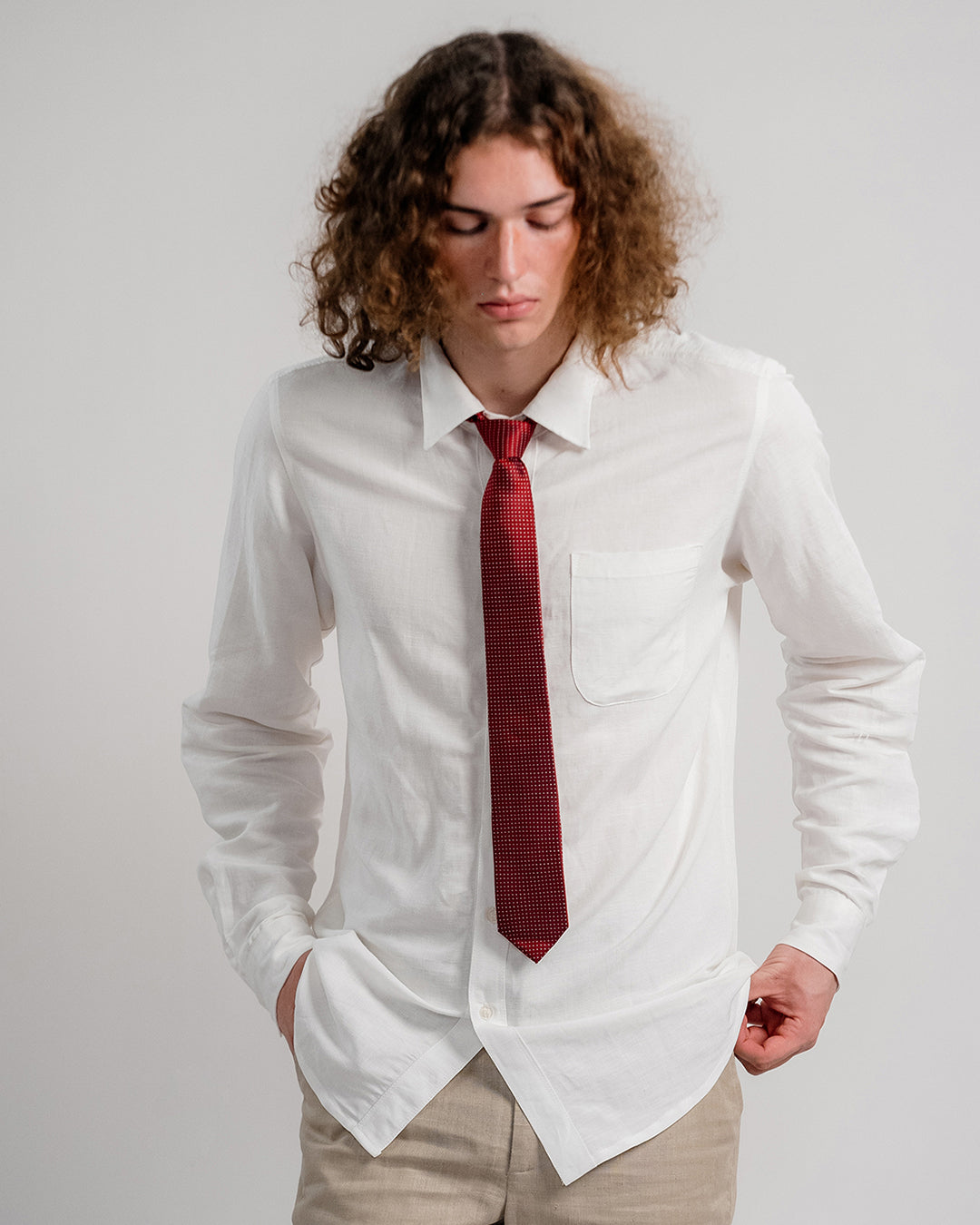 Dot Grid Silk Necktie / Red / Band 6cm / 2.4in