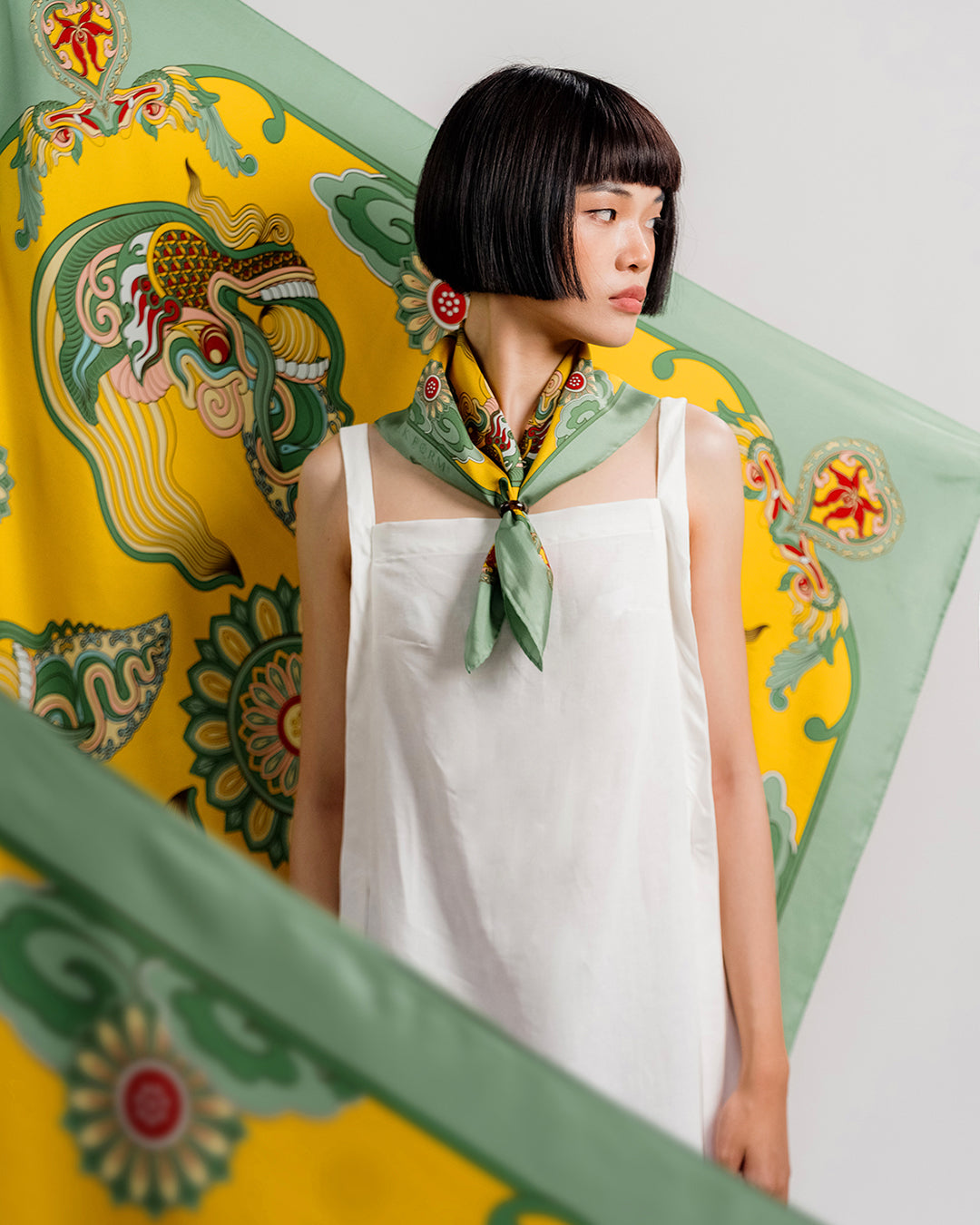 Dragon Dreams Silk Scarf / Green & Yellow / 110x110