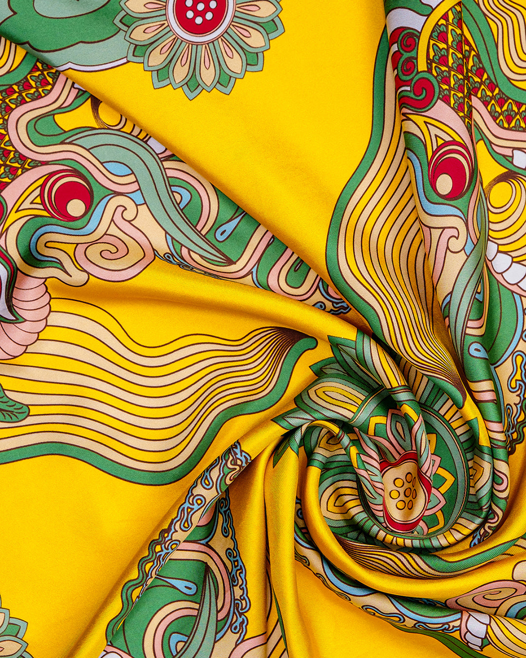 Dragon Dreams Silk Scarf / Green & Yellow / 110x110cm / 44x44in