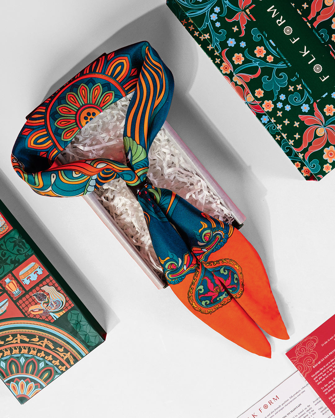 Dragon Dreams Silk Scarf / Orange & Dark Green / 55x55cm / 22x22in
