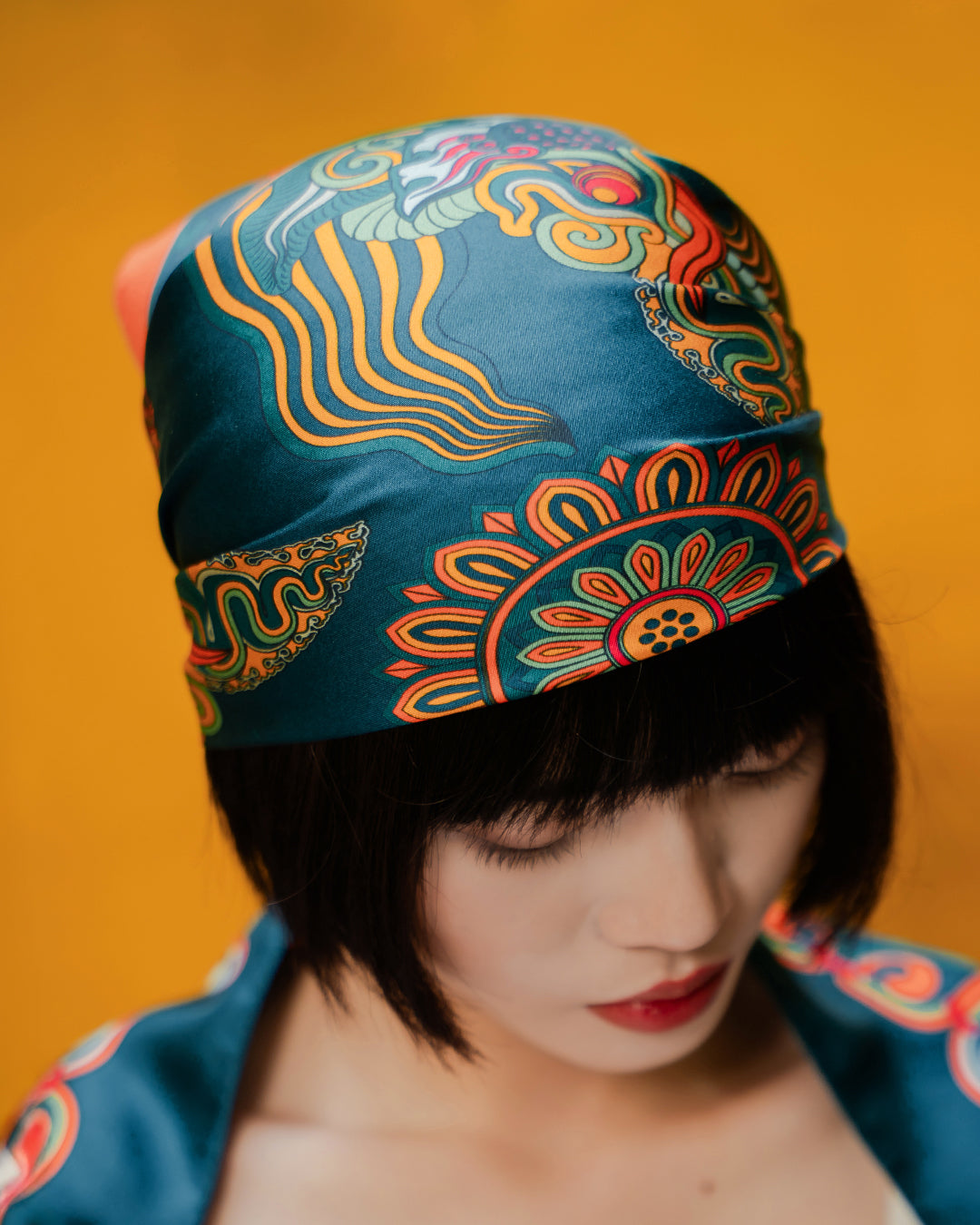 Dragon Dreams Silk Scarf / Orange & Dark Green / 55x55cm / 22x22in