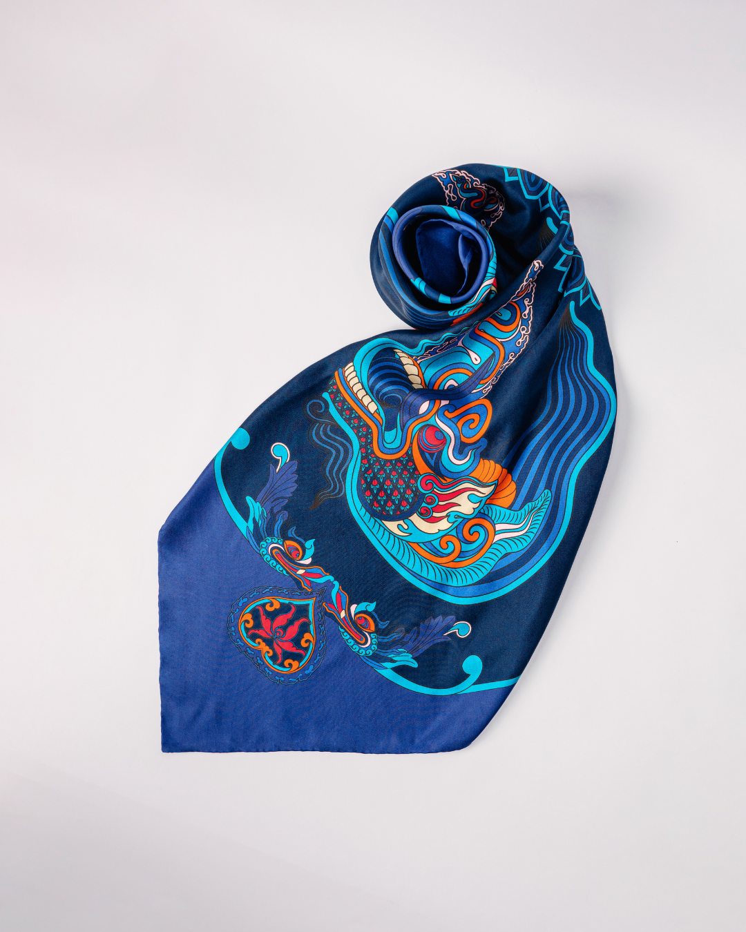 Dragon Dreams Silk Scarf / Navy Blue / 55x55cm / 22x22in