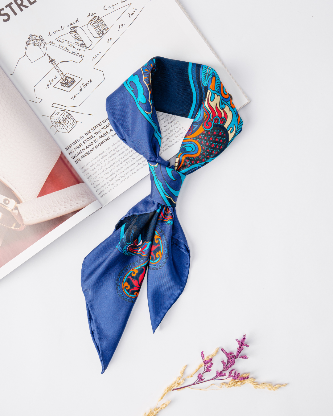 Dragon Dreams Silk Scarf / Navy Blue / 55x55cm / 22x22in