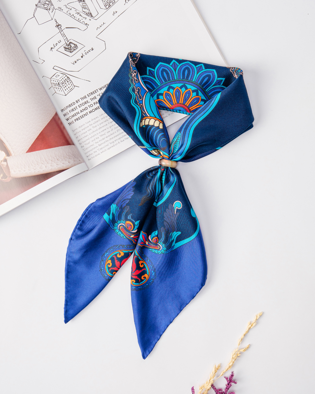 Dragon Dreams Silk Square Scarf / Navy Blue