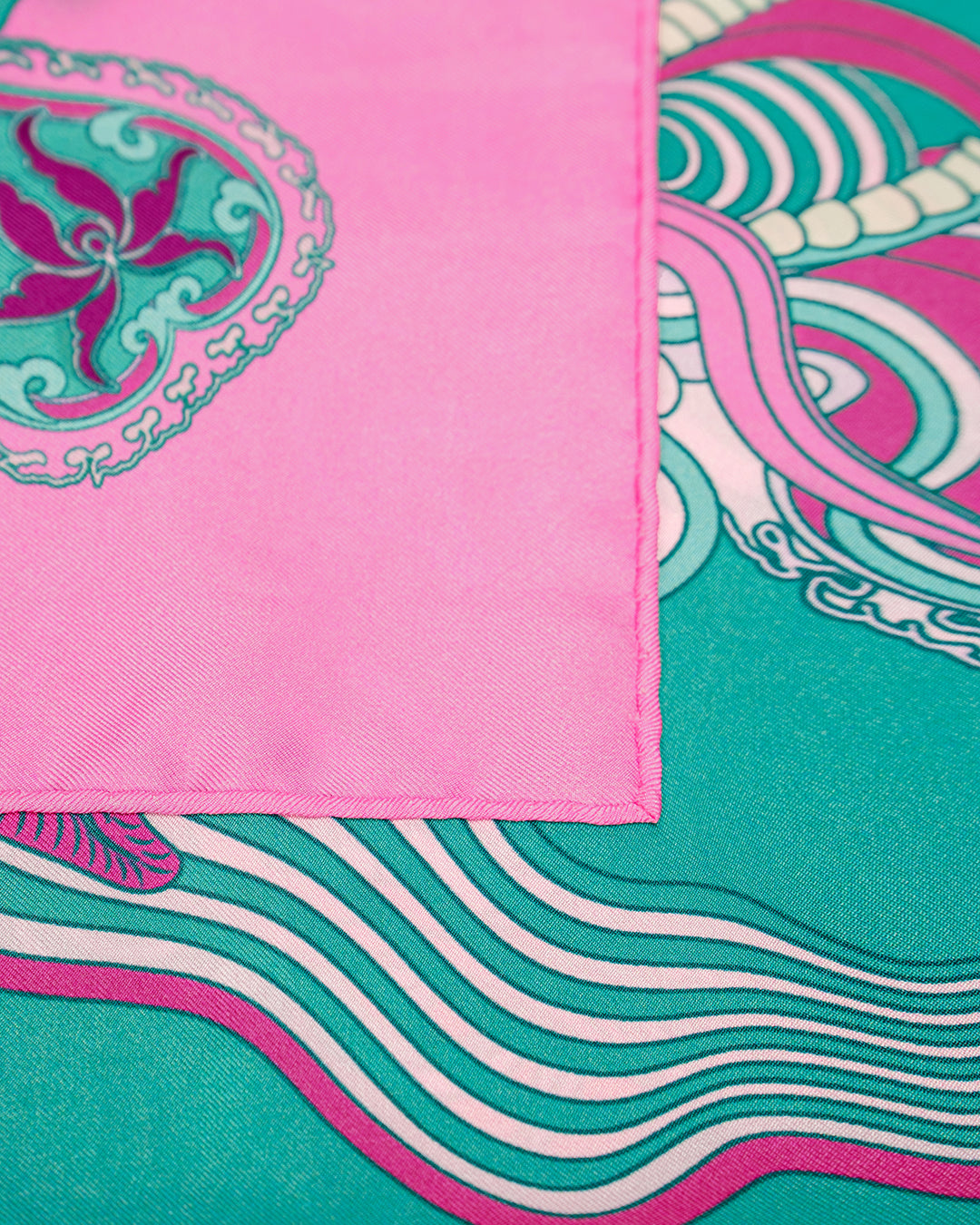 Dragon Dreams Silk Scarf / Pink & Turquoise / 55x55cm / 22x22in