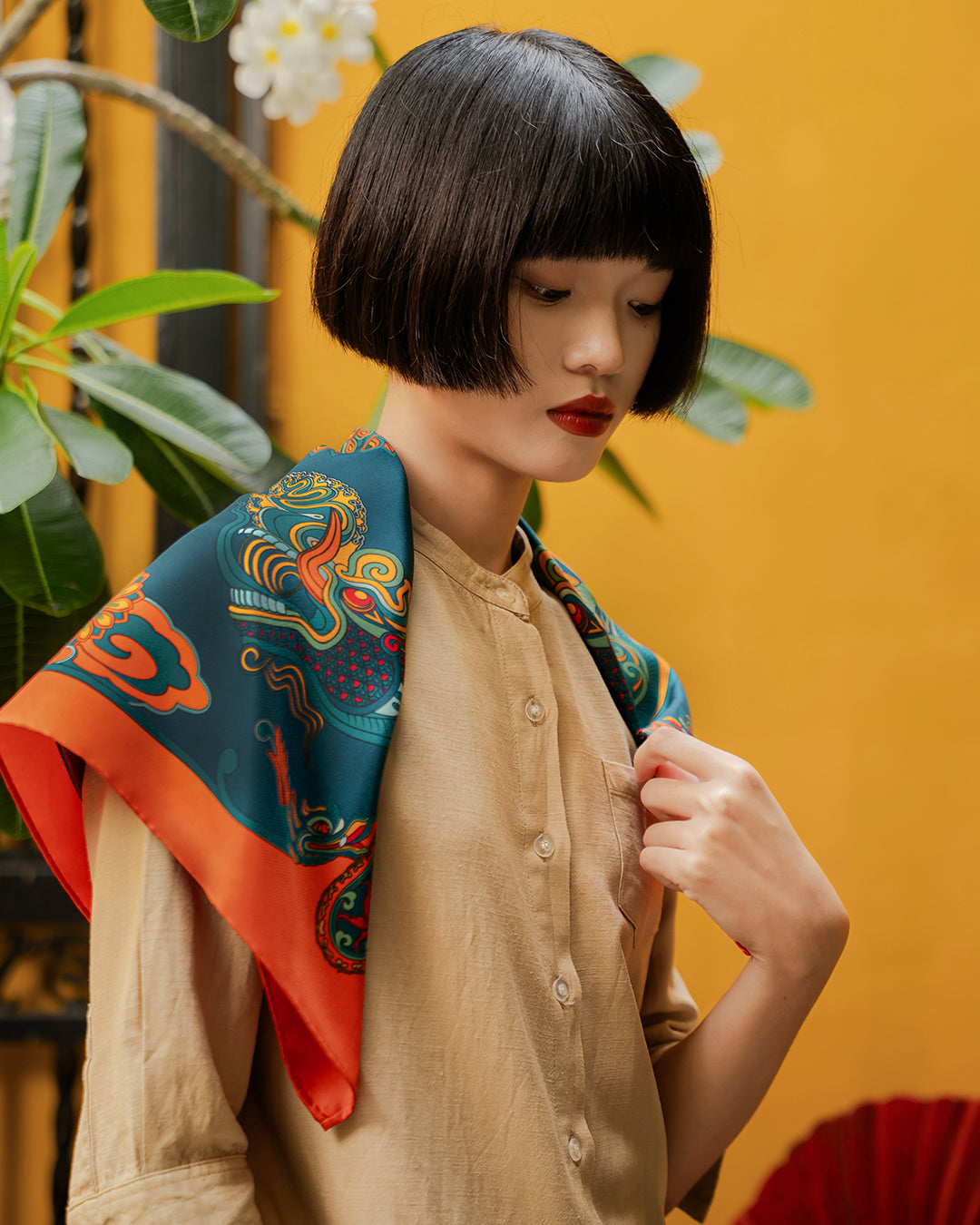 Dragon Dreams Silk Scarf / Orange & Dark Green / 65x65cm / 26x26in