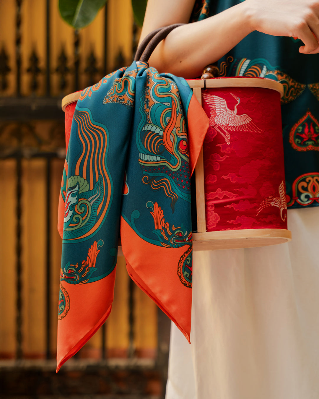 Dragon Dreams Silk Scarf / Orange & Dark Green / 65x65cm / 26x26in