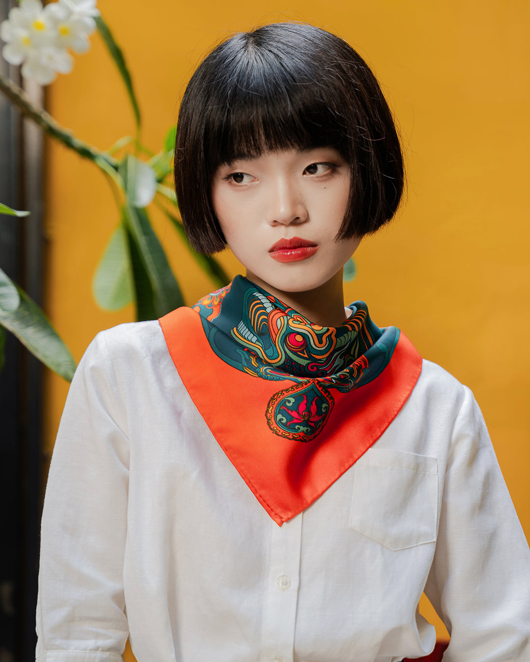 Dragon Dreams Silk Scarf / Orange & Dark Green / 65x65cm / 26x26in