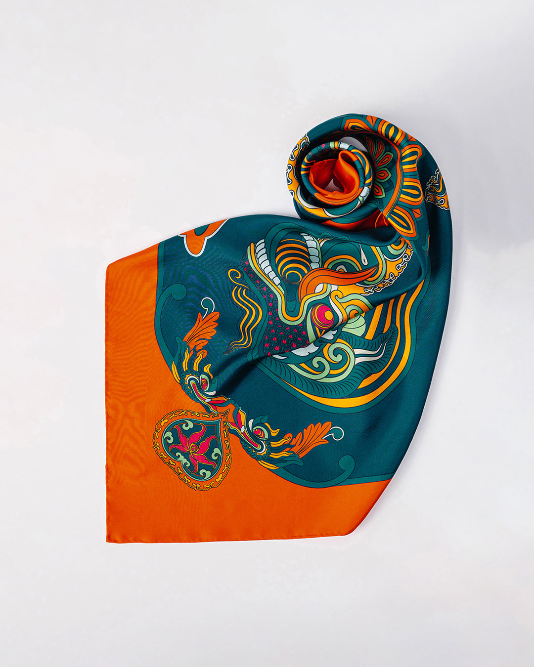 Dragon Dreams Silk Scarf / Orange & Dark Green / 65x65cm / 26x26in