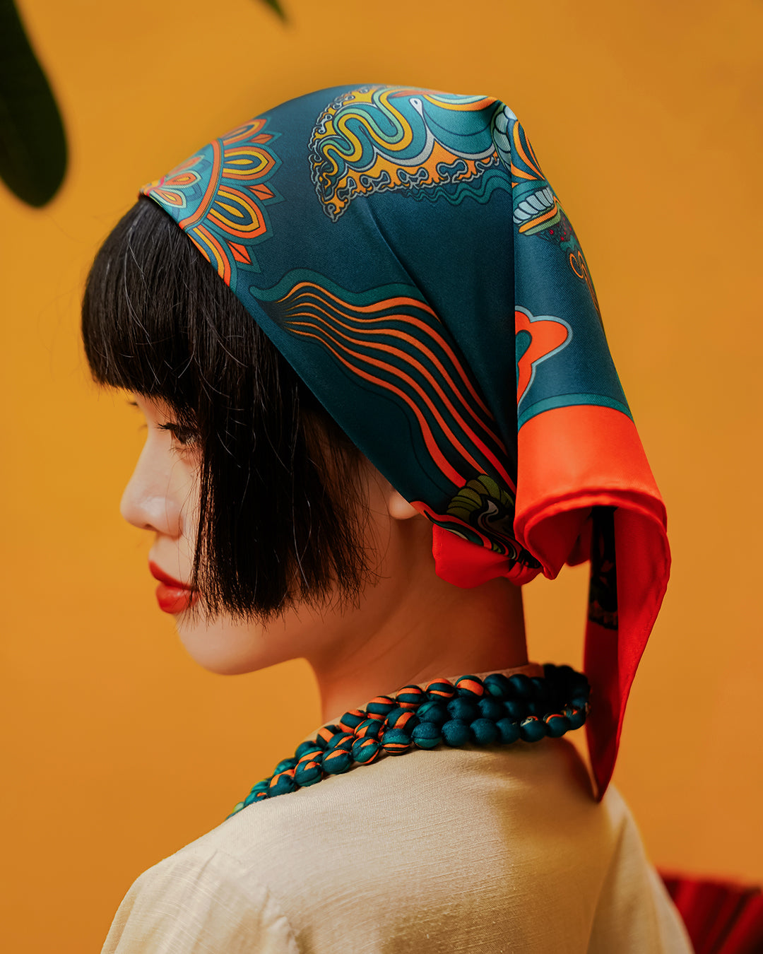 Dragon Dreams Silk Scarf / Orange & Dark Green / 65x65cm / 26x26in