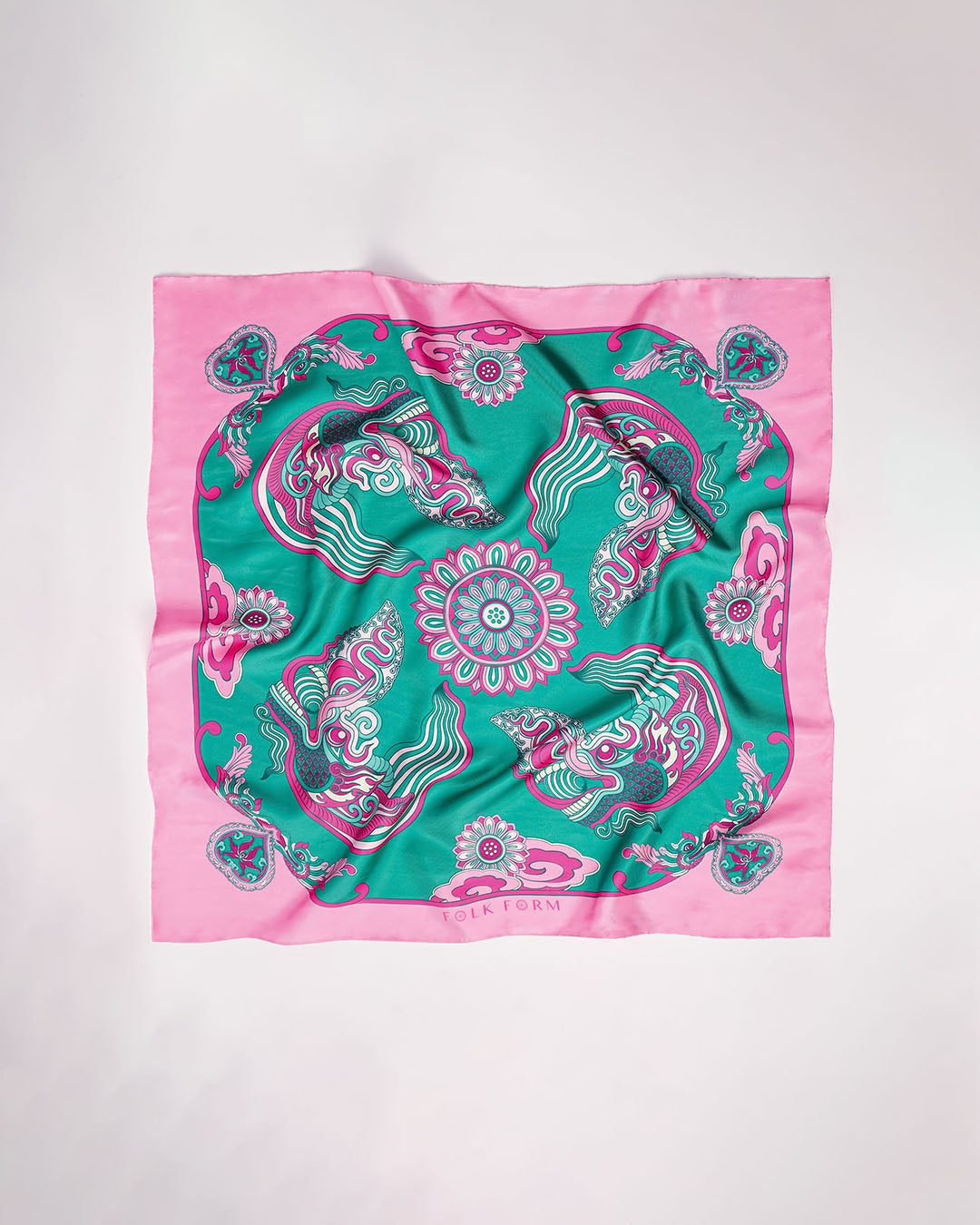Dragon Dreams Silk Scarf / Pink & Turquoise / 65x65cm / 26x26in