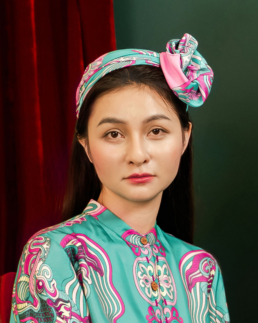 Dragon Dreams Silk Scarf / Pink & Turquoise / 65x65cm / 26x26in