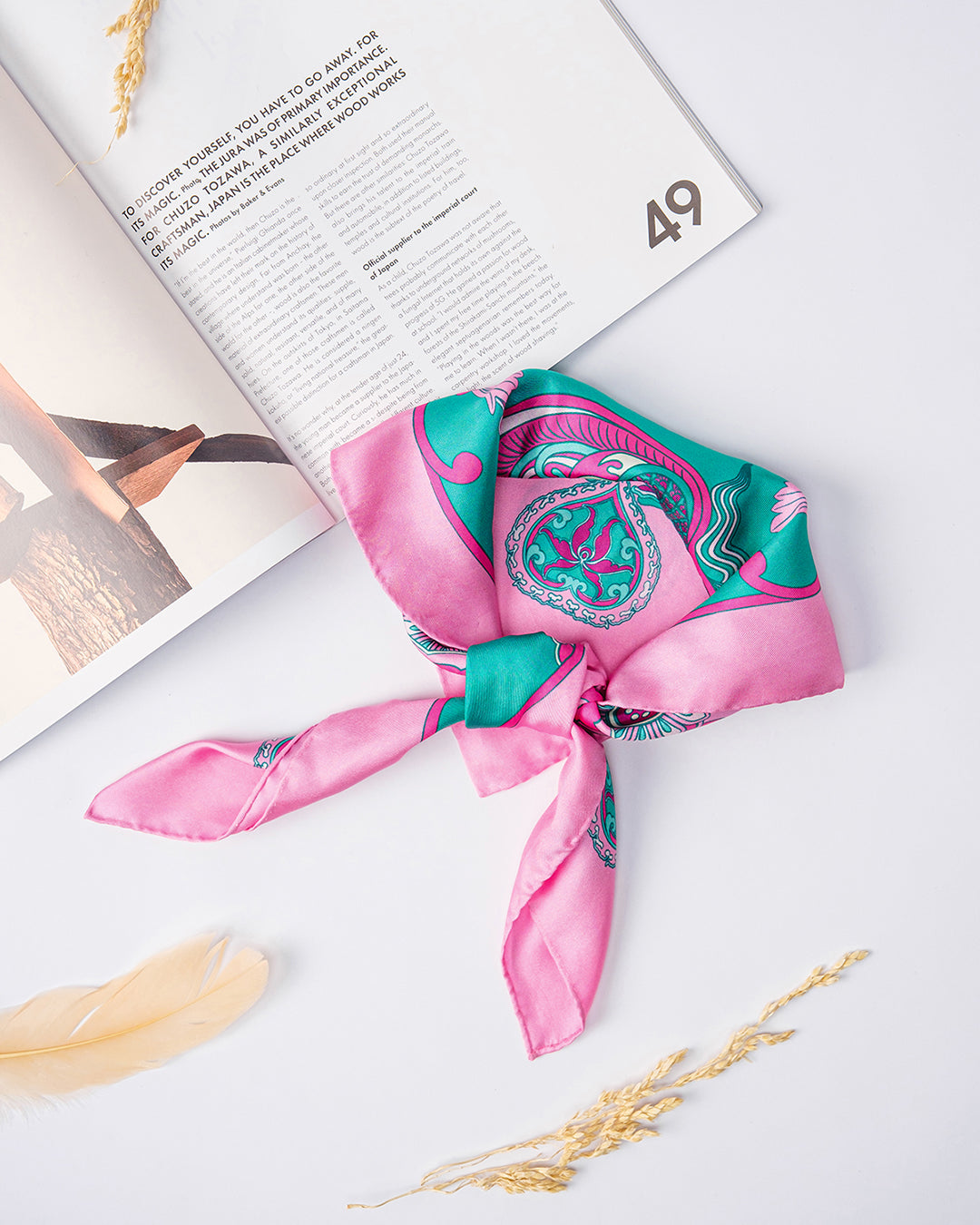 Dragon Dreams Silk Scarf / Pink & Turquoise / 65x65cm / 26x26in