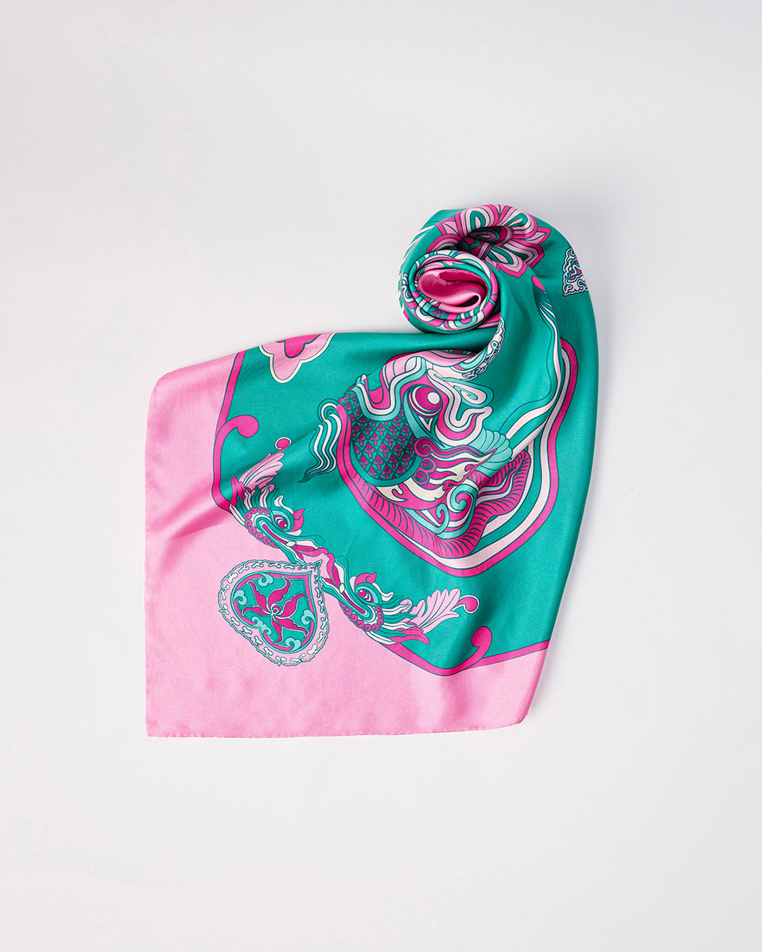 Dragon Dreams Silk Scarf / Pink & Turquoise / 65x65cm / 26x26in