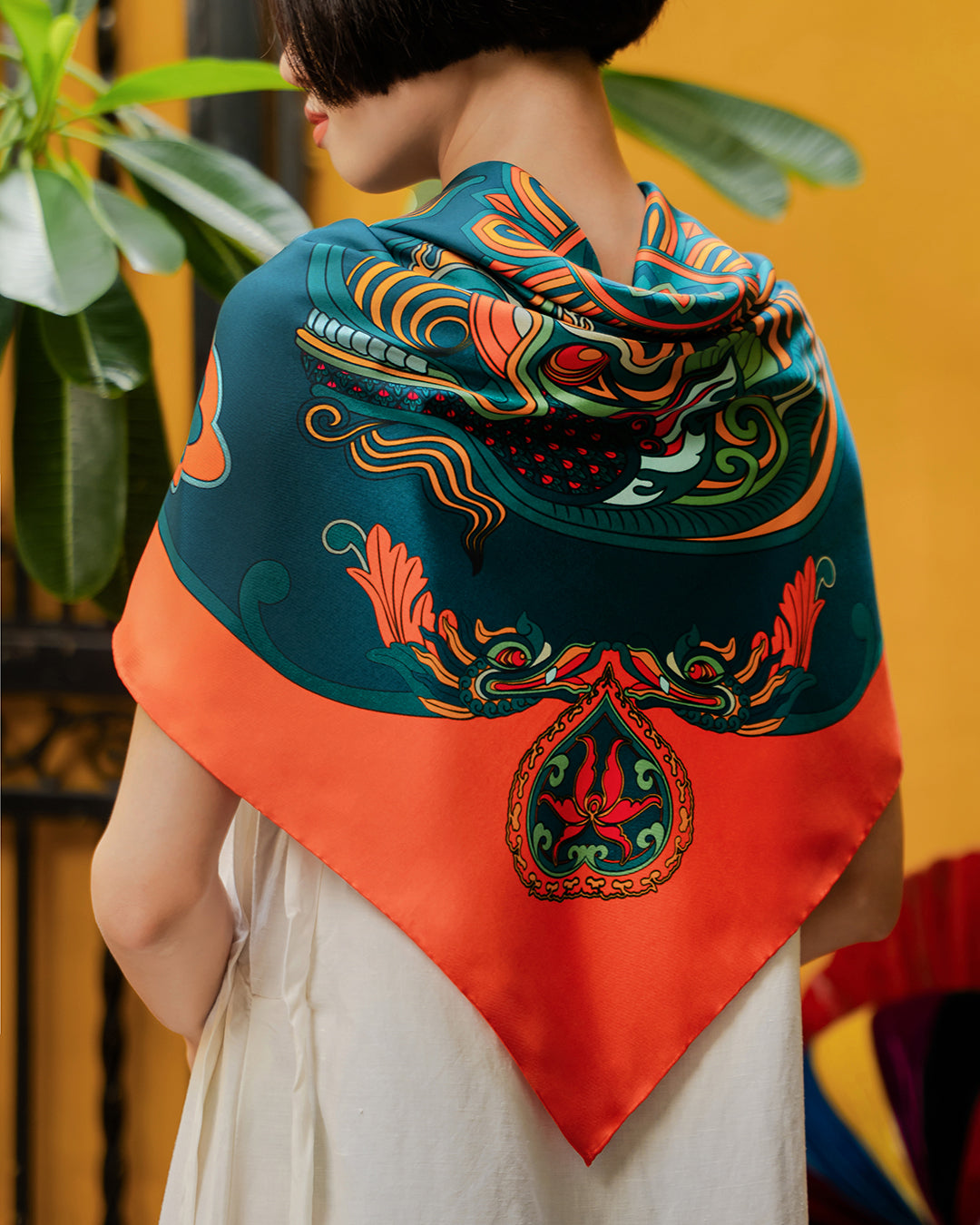 Dragon Dreams Silk Scarf / Orange & Dark Green / 90x90cm / 36x36in