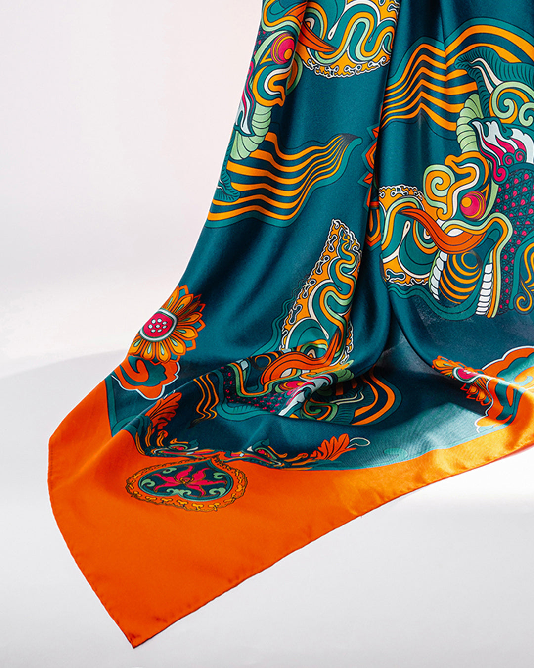 Dragon Dreams Silk Scarf / Orange & Dark Green / 90x90cm / 36x36in