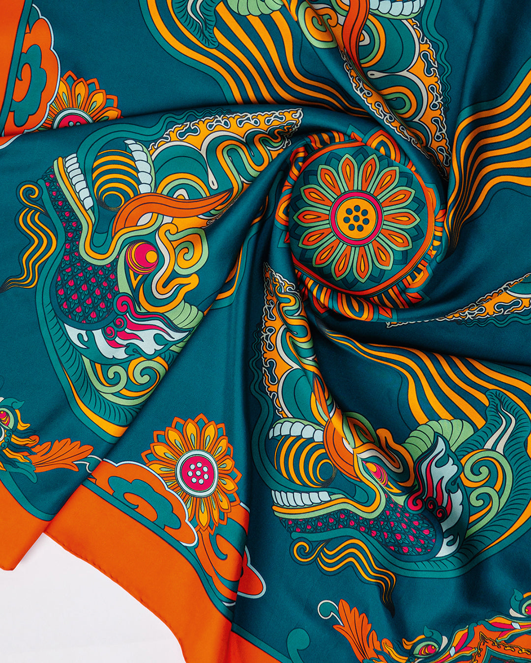 Dragon Dreams Silk Scarf / Orange & Dark Green / 90x90cm / 36x36in