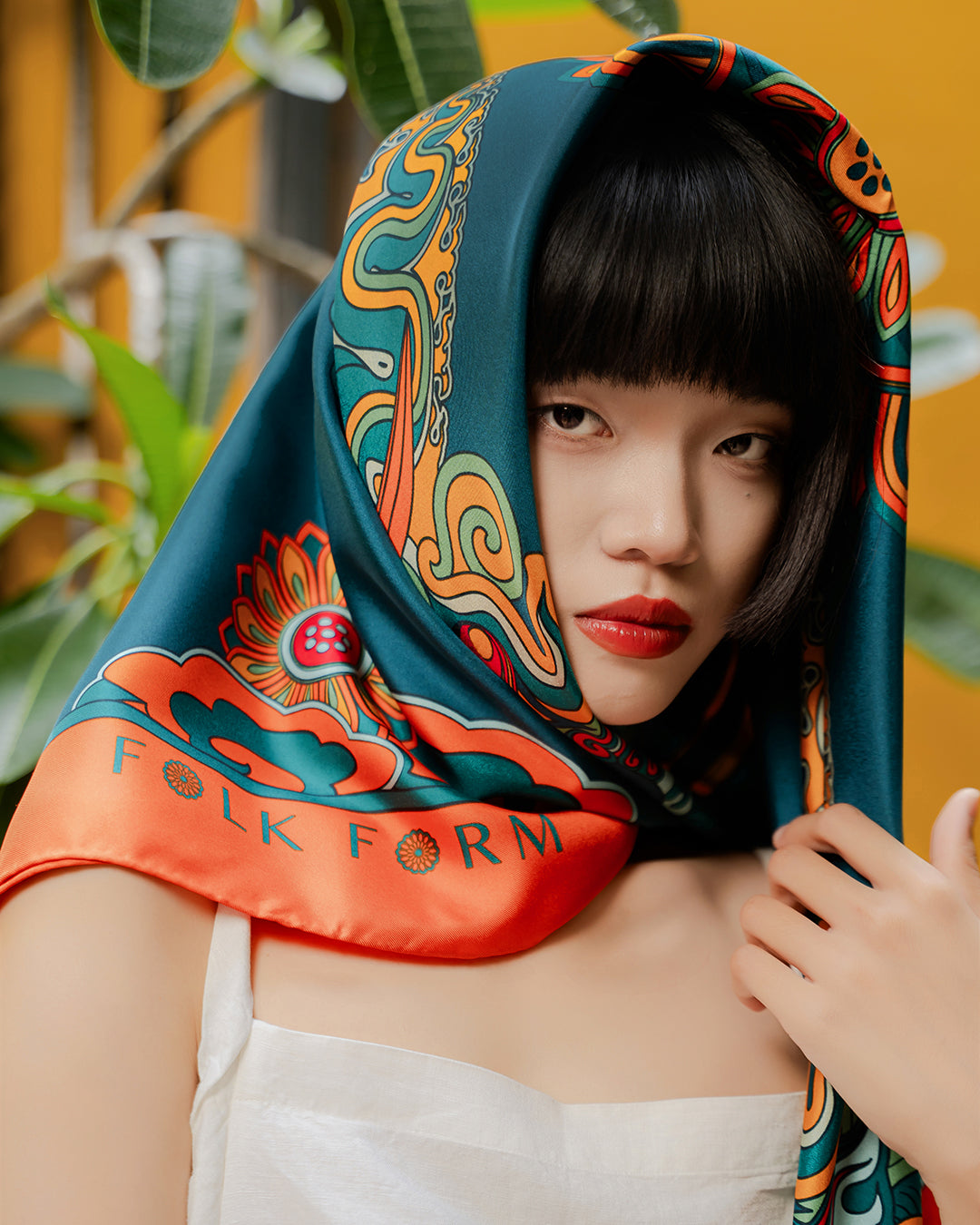 Dragon Dreams Silk Scarf / Orange & Dark Green / 90x90cm / 36x36in