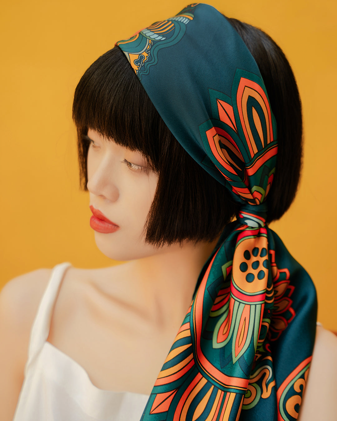 Dragon Of Grace Silk Scarf / Dark Green / 110x110cm / 44x44in