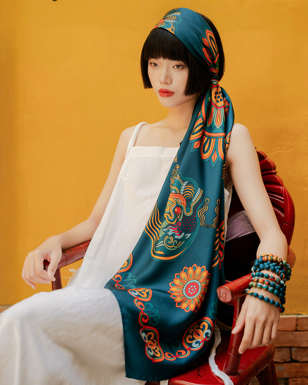 Dragon Of Grace Silk Square Scarf / Dark Green