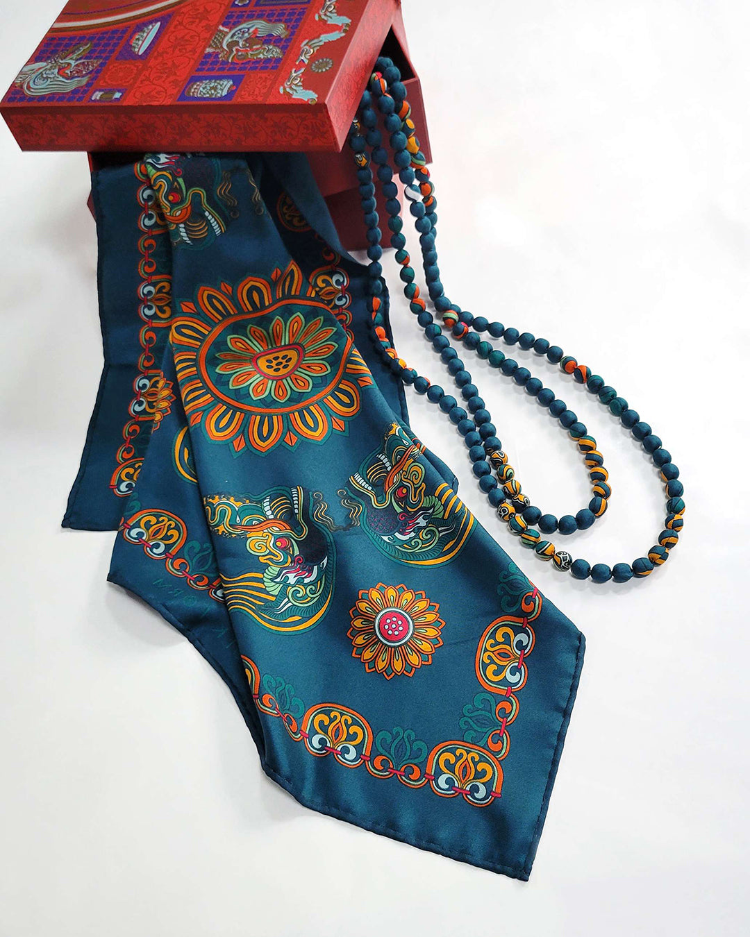 Dragon Of Grace Silk Scarf / Dark Green / 110x110cm / 44x44in