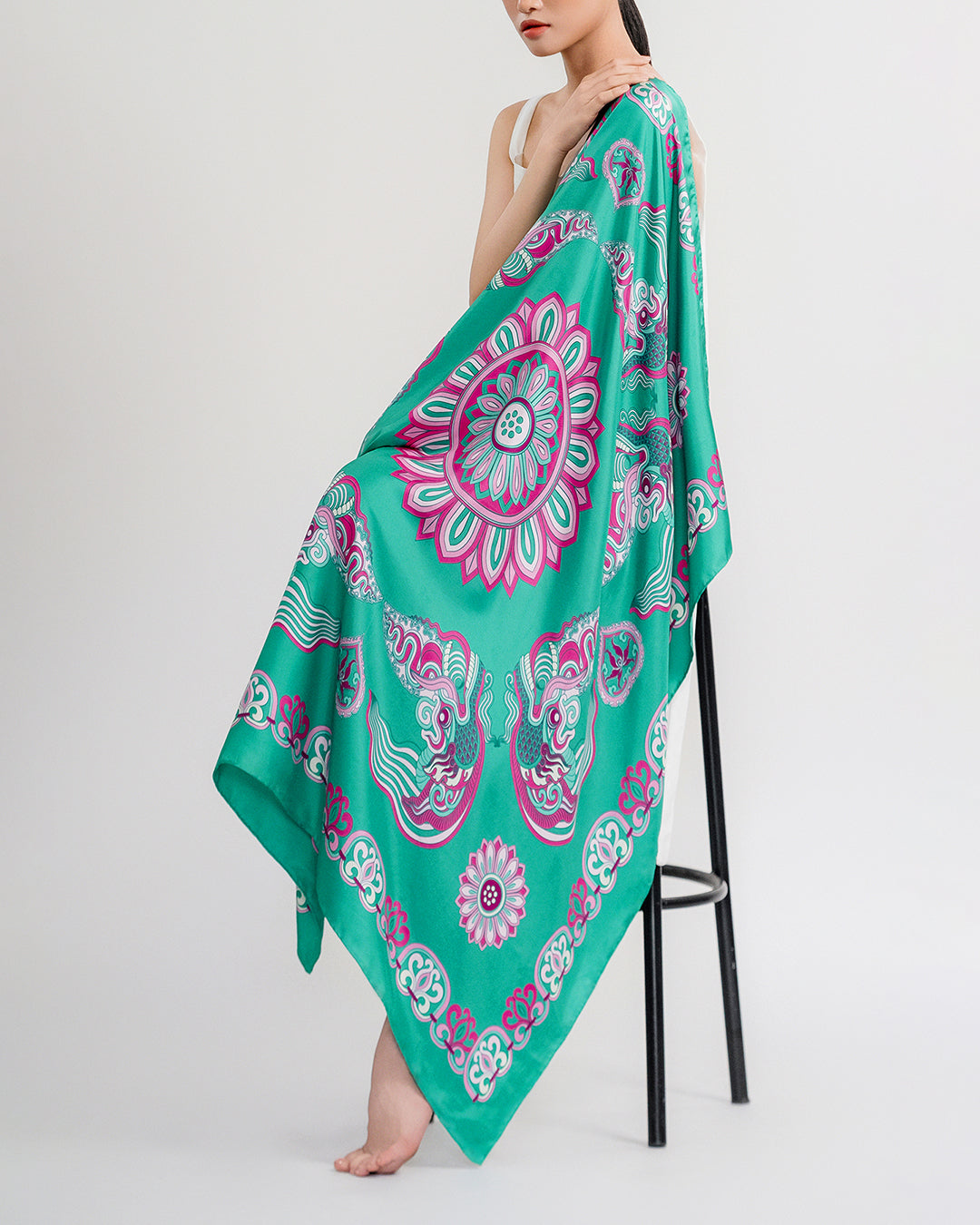 Dragon Of Grace Silk Scarf / Turquoise / 110x110cm / 44x44in