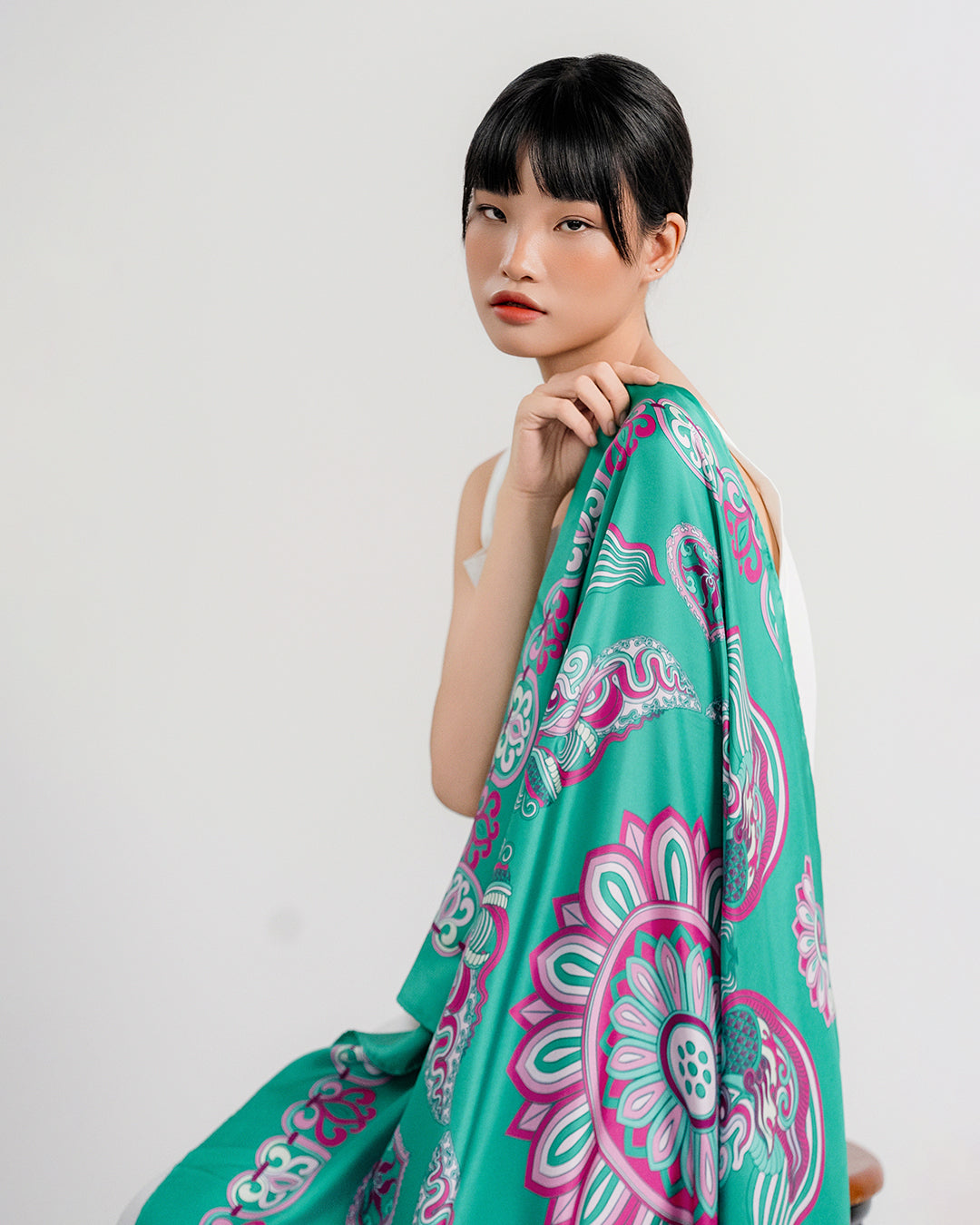 Dragon Of Grace Silk Scarf / Turquoise / 110x110cm / 44x44in