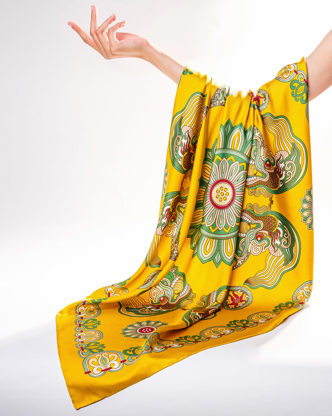 Dragon Of Grace Silk Scarf / Yellow / 110x110cm / 44x44in
