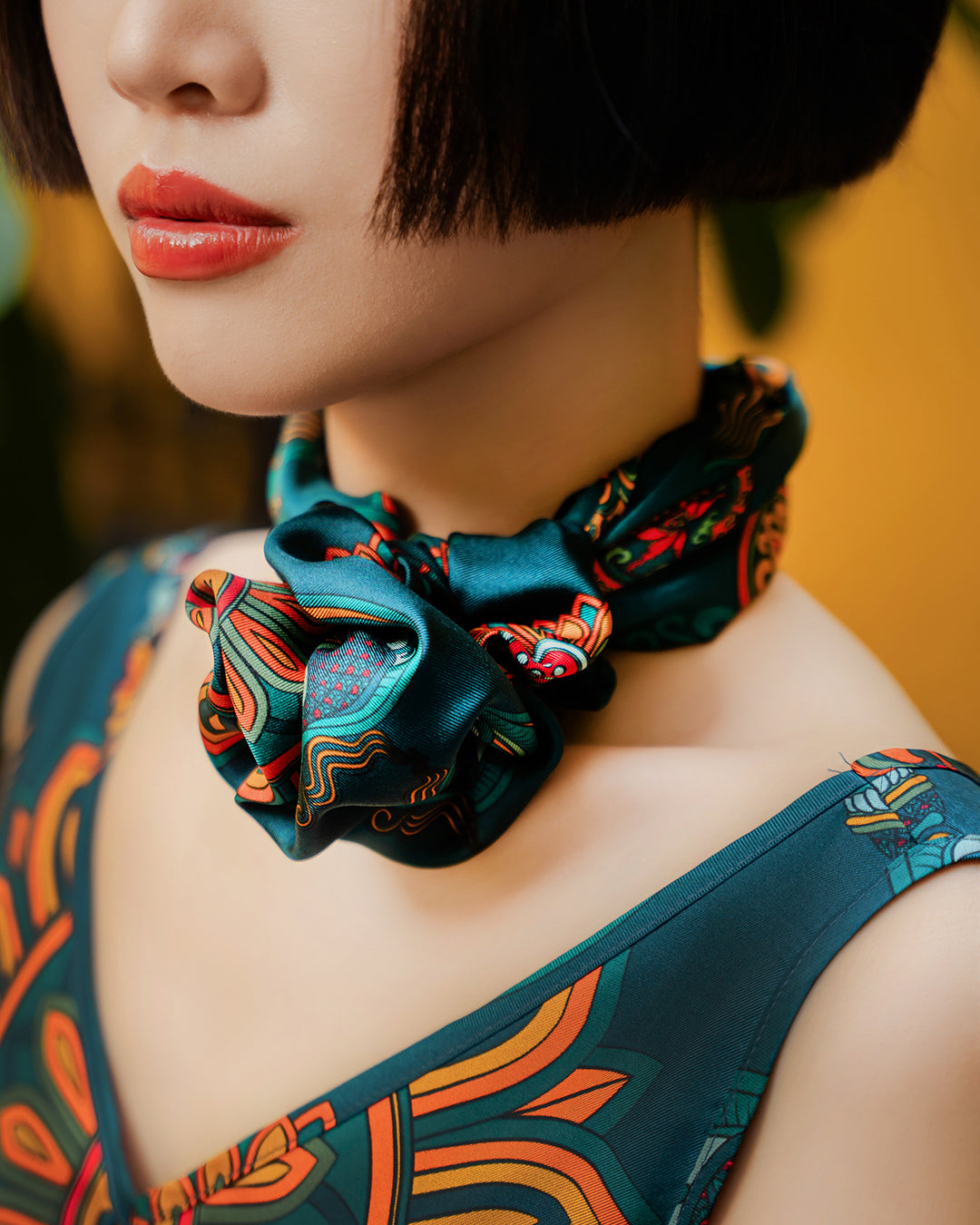 Dragon Of Grace Silk Scarf / Dark Green / 55x55cm / 22x22in