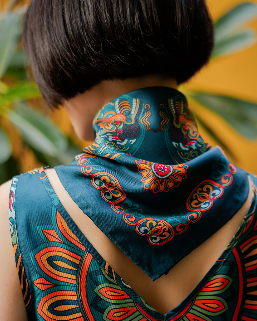 Dragon Of Grace Silk Scarf / Dark Green / 55x55cm / 22x22in