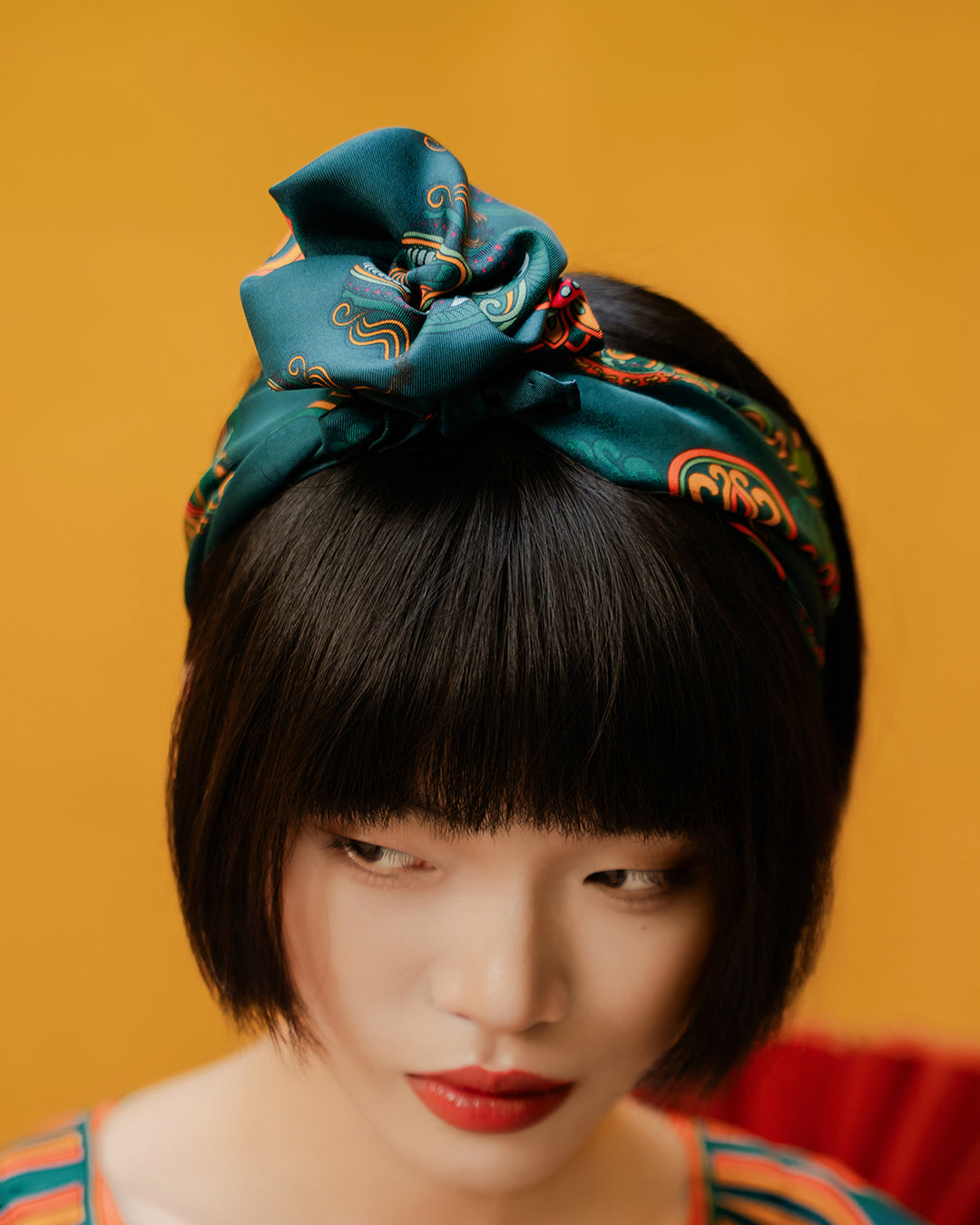 Dragon Of Grace Silk Scarf / Dark Green / 55x55cm / 22x22in