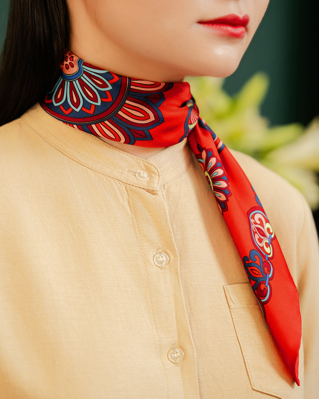 Dragon Of Grace Silk Square Scarf / Red