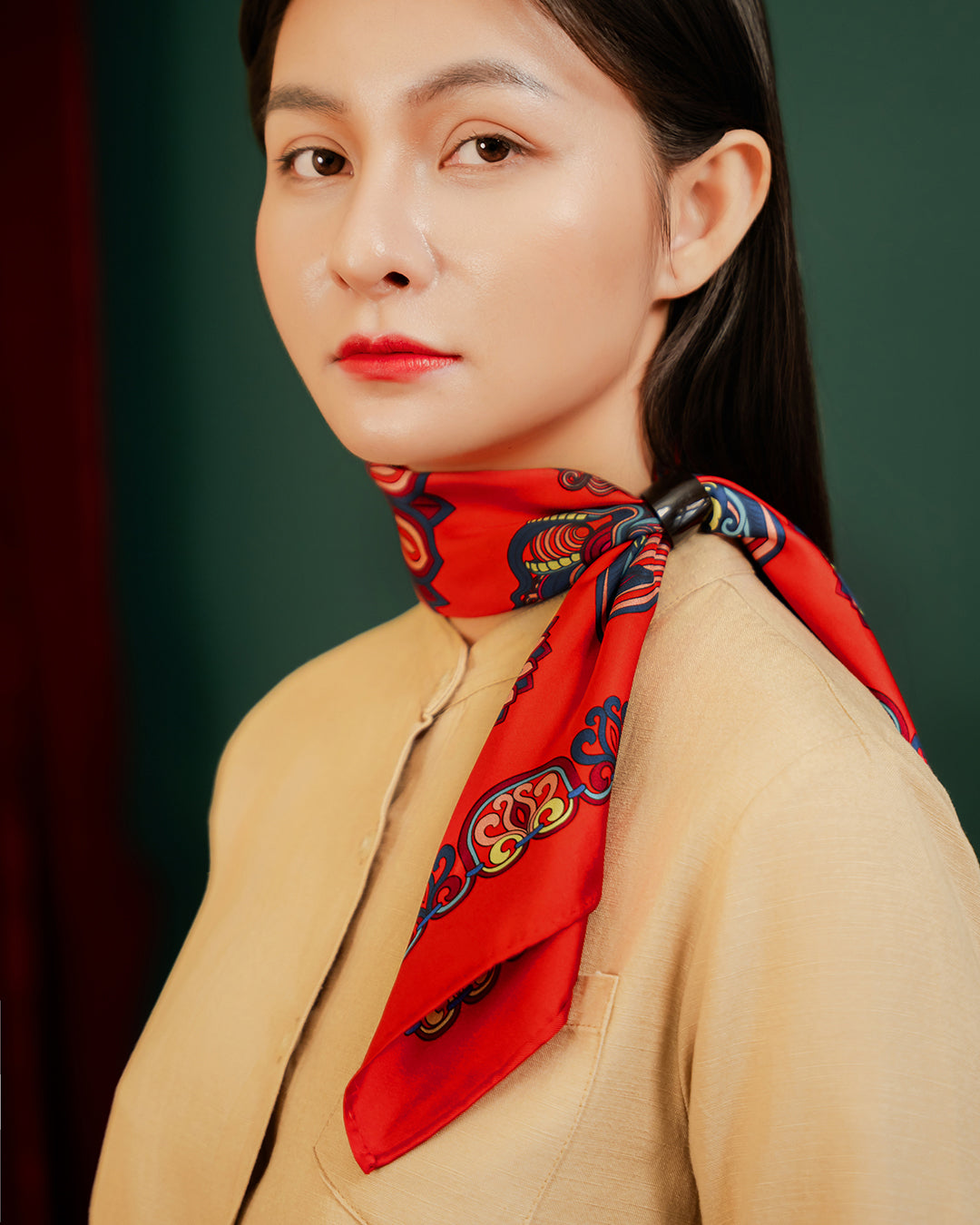 Dragon Of Grace Silk Square Scarf / Red