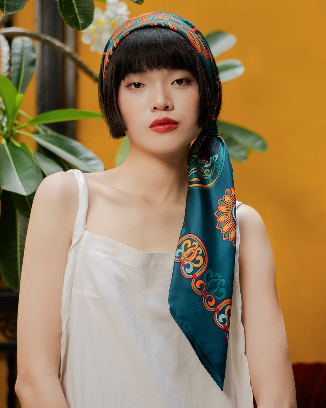 Dragon Of Grace Silk Scarf / Dark Green / 65x65cm / 26x26in