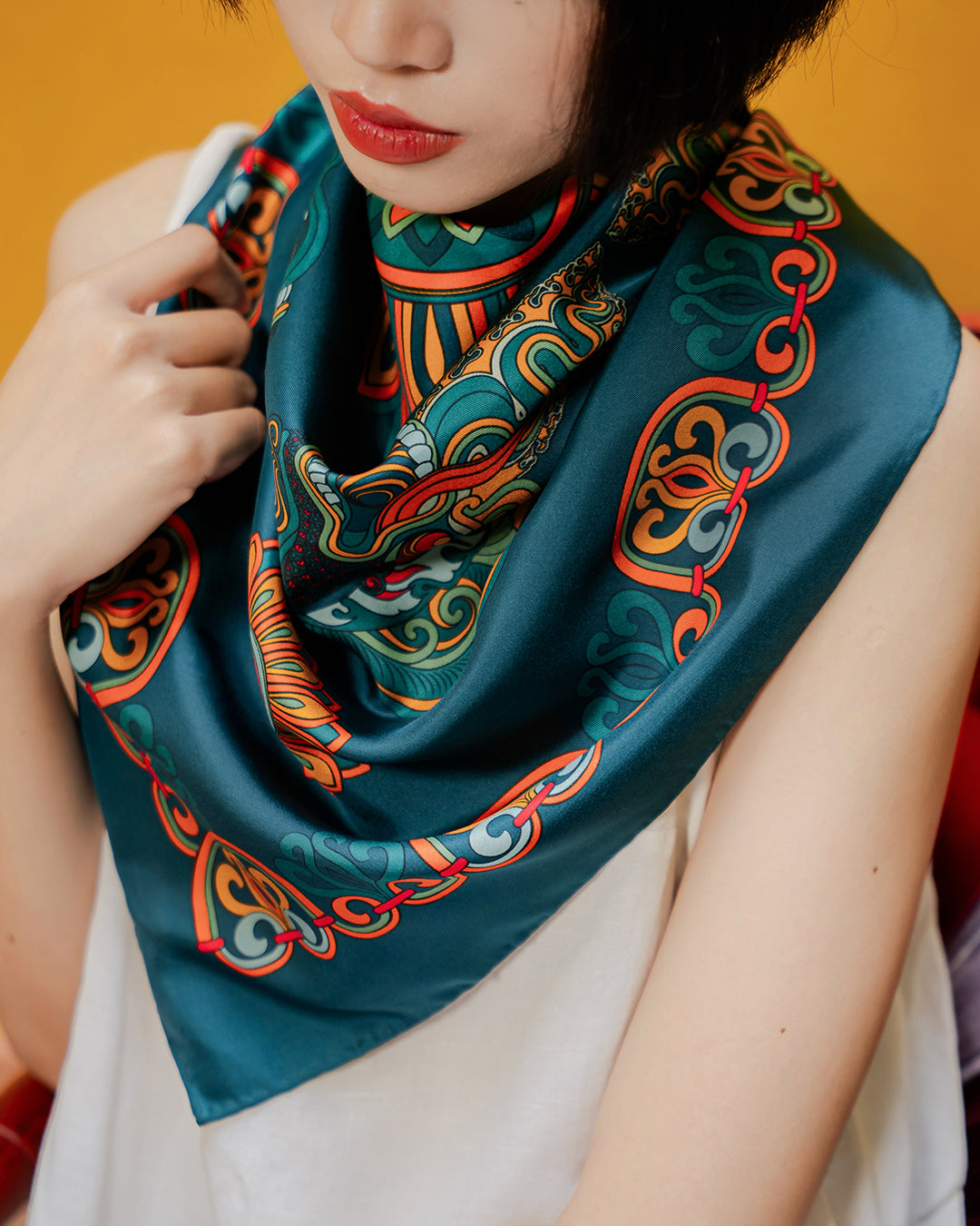 Dragon Of Grace Silk Scarf / Dark Green / 65x65cm / 26x26in