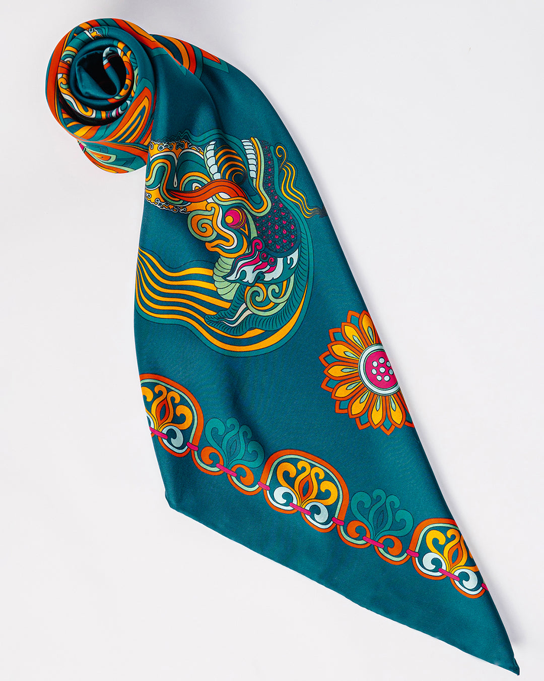 Dragon Of Grace Silk Scarf / Dark Green / 65x65cm / 26x26in