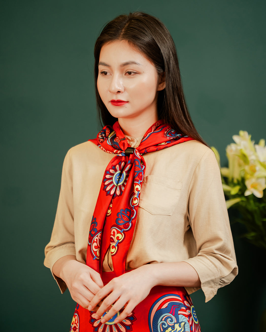 Dragon Of Grace Silk Square Scarf / Red